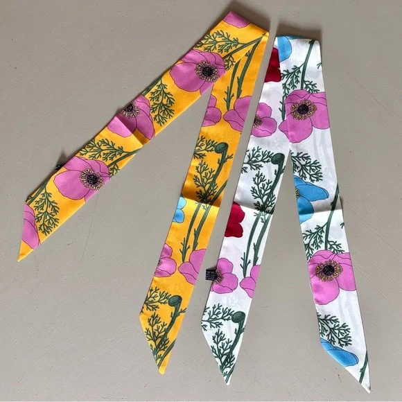 Branches and Floral Patterned Handbag Handle Ribbon Head Band Scarves Set Of Two - Picture 4 of 5